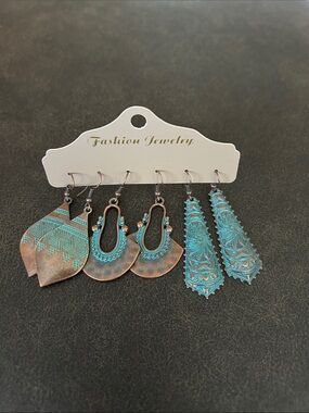 Fashion Jewelry Turquoise and Antique Copper Earring Set - 3 Pairs